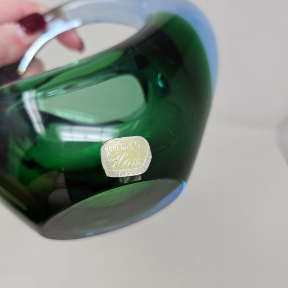 Vintage Bohemia Glass Czech Blue Green Basket - Picture 9 of 11